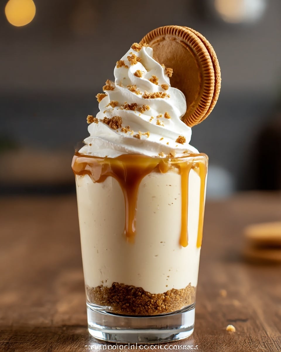 A clear glass shows a dessert with three layers: a thick, crumbly brown crust at the bottom, a thick light beige cream layer in the middle, and a tall swirl of bright white whipped cream on top sprinkled with tiny brown crumbs. A round brown cookie is placed upright into the whipped cream at the back. Some golden caramel sauce drips gently down the side of the glass from the whipped cream layer. The glass sits on a wooden surface with a blurred warm background. Photo taken with an iphone --ar 4:5 --v 7