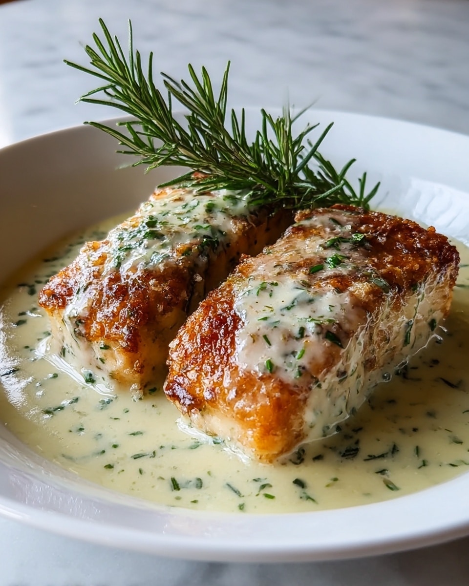The image shows two pieces of golden-brown cooked fish with a crispy, textured crust on the top and sides, resting on a thin layer of creamy white sauce speckled with finely chopped green herbs. The fish has a moist, flaky look with the sauce slightly dripping down the sides. There is a small green sprig, likely rosemary, placed behind the fish as a garnish. The dish is served on a white plate with a white marbled texture surface in the background. photo taken with an iphone --ar 4:5 --v 7