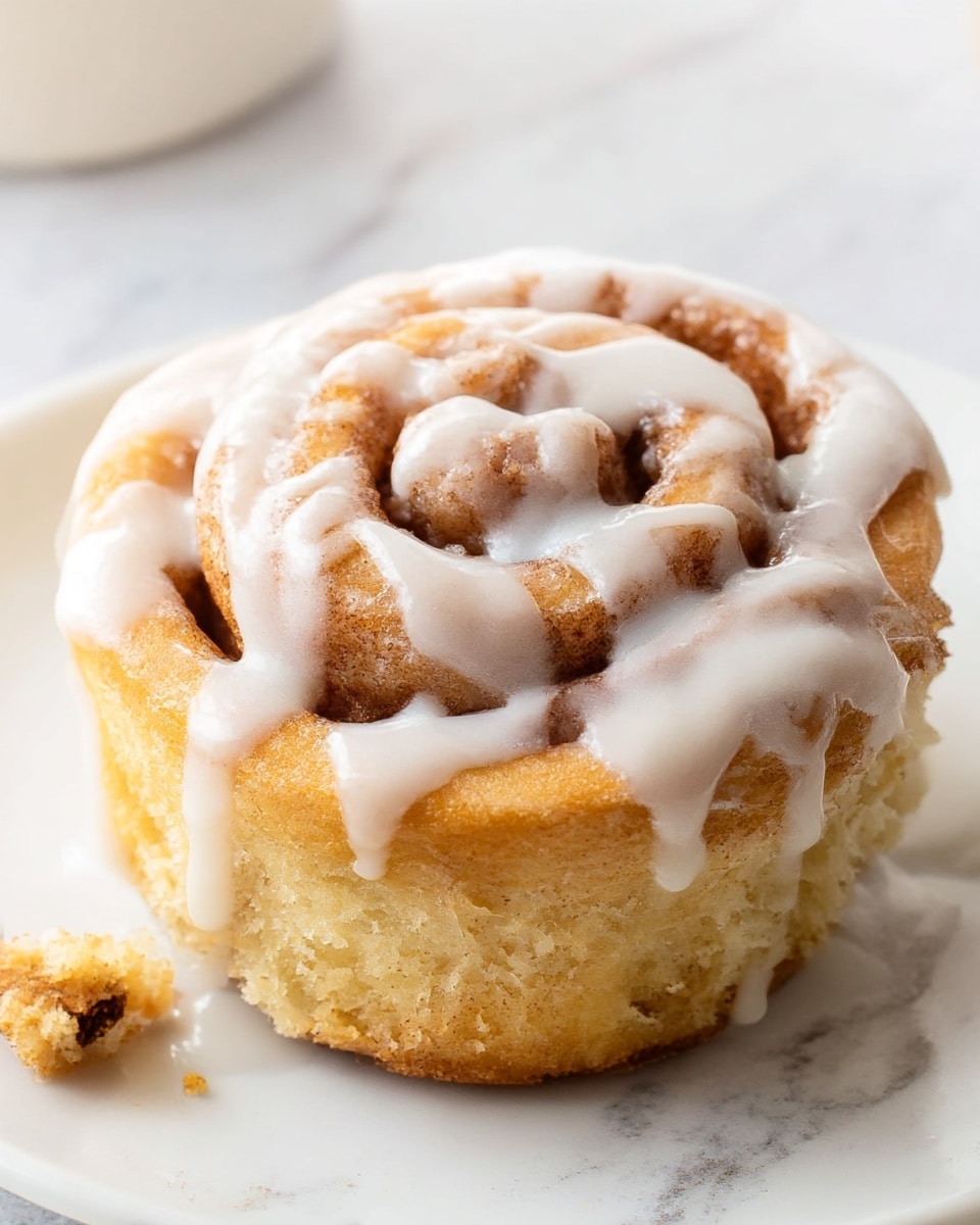 A close-up view of a freshly baked cinnamon roll with a spiral shape, showing three visible layers of soft, golden brown dough swirled with a light cinnamon sugar filling. The top is drizzled with thick, creamy white icing in thick lines that run vertically over the roll and drip down the sides. The cinnamon roll sits on a white plate with a slight texture, against a white marbled background. Small crumbs and a piece of cinnamon stick are seen near the roll, adding to the cozy feel. photo taken with an iphone --ar 4:5 --v 7