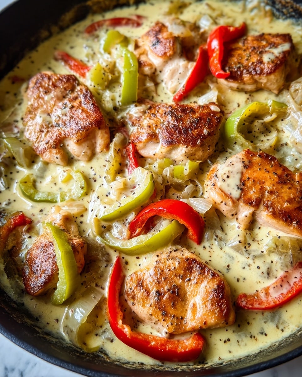 The image shows pieces of browned chicken with a crispy texture on the top layer, mixed with ring-shaped pale green pepper slices and thin strips of red bell pepper scattered around. The chicken and vegetables sit in a creamy white sauce with black pepper specks spread evenly, filling the bottom layer of the white pan. The mixture looks rich, with the sauce partially covering some chicken pieces, creating a smooth, saucy texture around the firmer, golden-brown chicken and bright colored peppers. The pan edges are visible with some sauce splashes, all placed on a white marbled surface. photo taken with an iphone --ar 4:5 --v 7