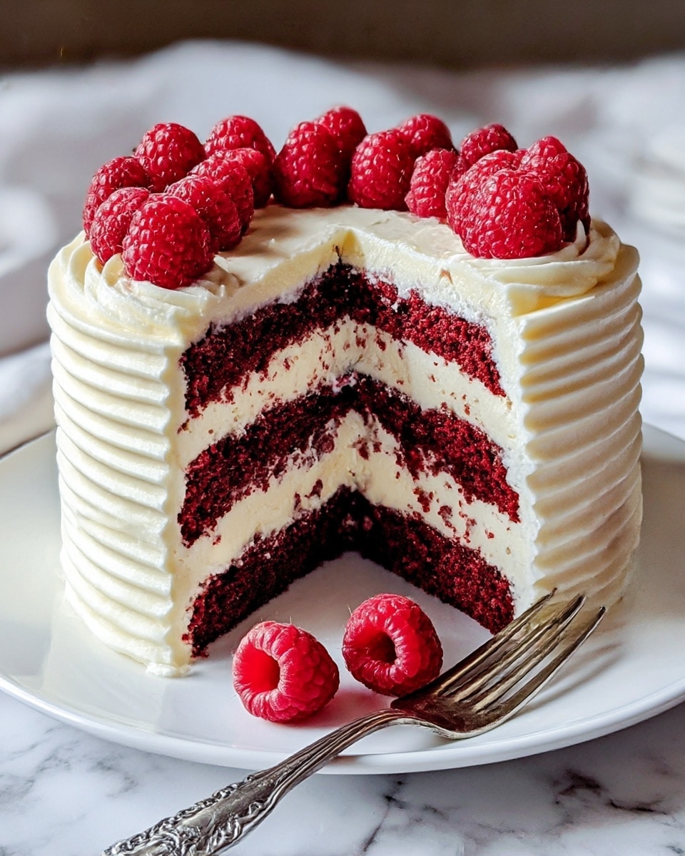 A three-layer red velvet cake is shown with a smooth, creamy white frosting between each thick, dark red cake layer. The outside is covered with textured white frosting that has small ridges running horizontally around the cake. The top is decorated with fresh, bright red raspberries placed evenly along the edge on a thick layer of white frosting with soft swirls. A few raspberries sit on the white plate in front of the cake, along with a silver fork. The scene is set on a white marbled surface. photo taken with an iphone --ar 4:5 --v 7