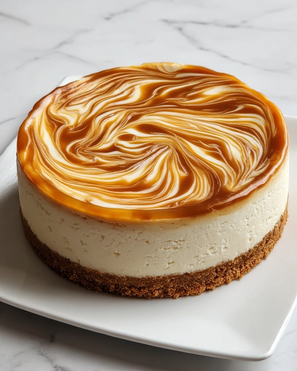 A round cheesecake with three clear layers sits on a white plate: the bottom layer is a thick brown crumbly crust, the middle layer is a creamy white cheese filling with a smooth texture, and the top layer is a glossy caramel swirl pattern mixing brown and off-white colors in flowing lines across the surface. The edges of the caramel layer have small clear waves of sauce, and the whole cake is evenly shaped with a clean side. The plate is placed on a white marbled texture surface. photo taken with an iphone --ar 4:5 --v 7