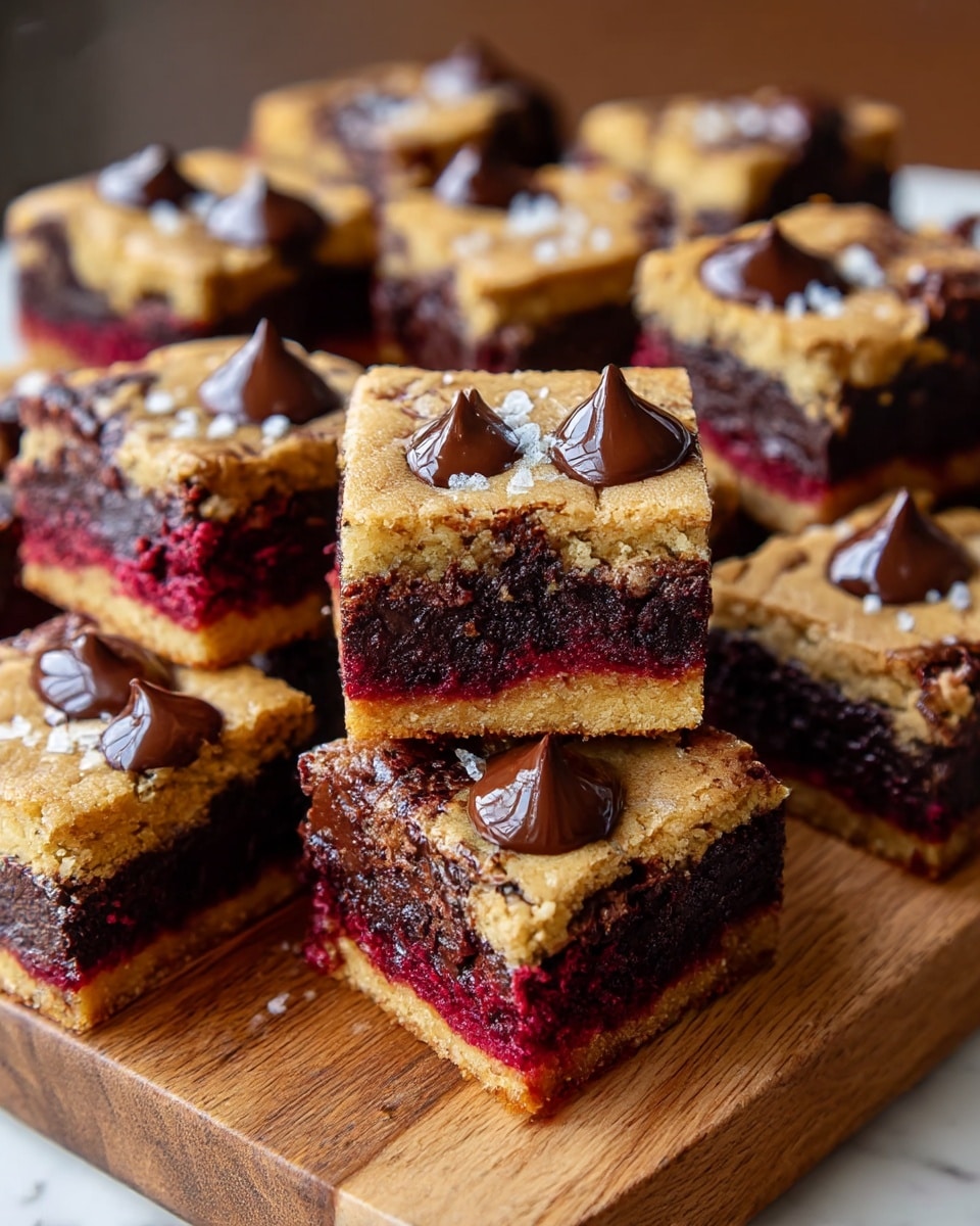 The image shows a stack of rich brownies, cut into square pieces and placed on a wooden board. Each brownie has two distinct layers: the bottom is a thick, dark red velvet layer with a moist texture, while the top is a light brown chocolate chip cookie dough layer with a soft crumb. The top layer is dotted with melted and glossy dark chocolate chips, some of which have pooled slightly, and a light sprinkle of coarse white salt is scattered on the surface. The brownies look dense, fudgy, and inviting, with slight cracks revealing the moist inside. The photo taken with an iphone --ar 4:5 --v 7