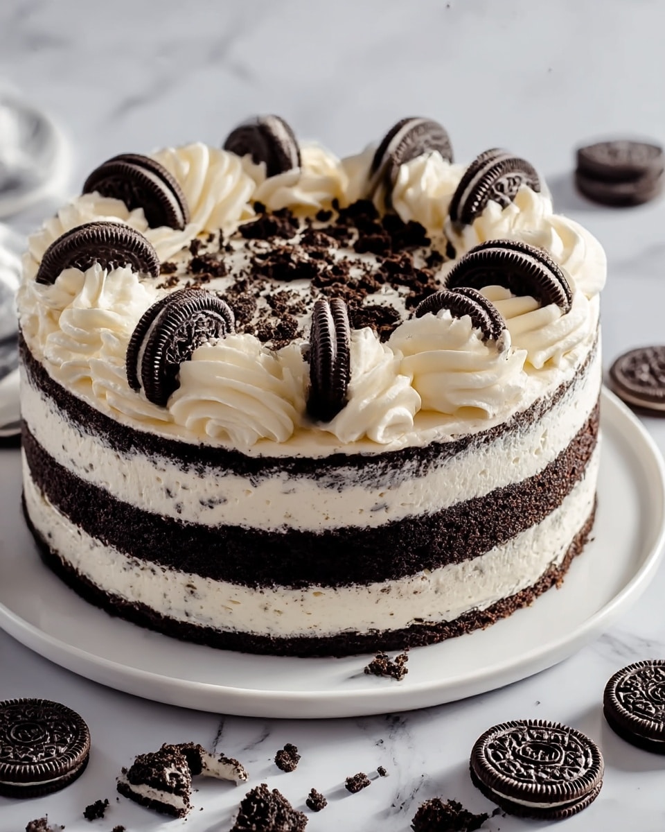 A round chocolate cake with two thick dark brown chocolate layers filled with a light beige cream layer in between. The top is covered with swirls of white cream, and around the edge, there are whole dark chocolate sandwich cookies evenly spaced. The middle top has a dollop of cream with cookie crumbs sprinkled over it. The cake sits on a white cake stand on a white marbled surface, with a few cookie crumbs scattered around. One slice is removed, showing the cake's moist texture inside. Photo taken with an iphone --ar 4:5 --v 7