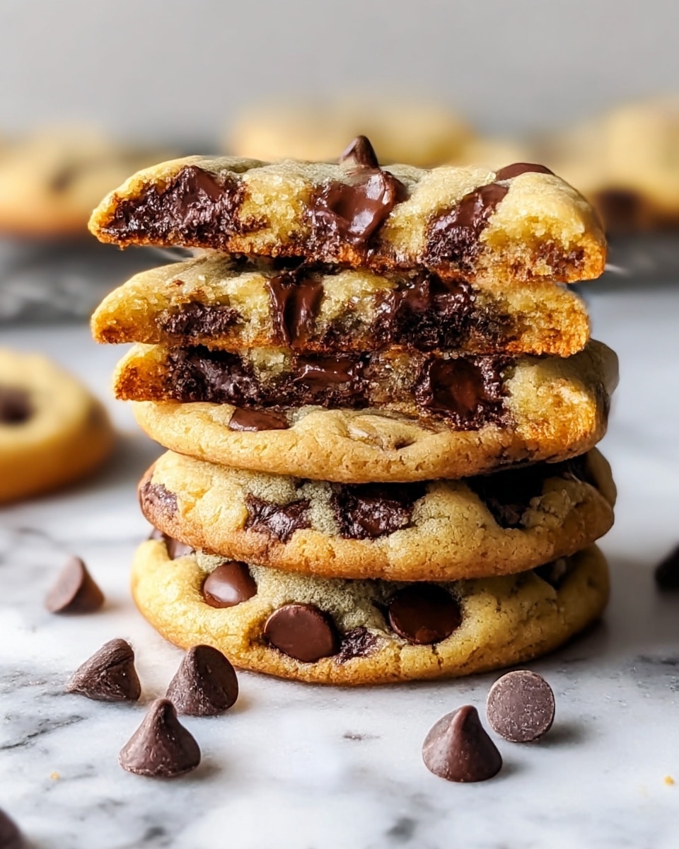 A stack of four thick chocolate chip cookies sits on a white marbled surface, with the top cookie broken in half showing its inside layers. Each cookie has a golden-brown bottom layer and a soft, light beige dough layer full of dark brown chocolate chips embedded on top and inside. The chocolate chips have a shiny, slightly melted look, creating a rich texture contrast with the soft cookie dough. Around the base of the stack, a few loose chocolate chips rest scattered, adding to the inviting, fresh-baked feel of the scene. photo taken with an iphone --ar 4:5 --v 7