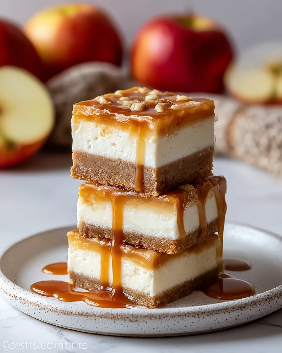 The image shows three square cheesecake bars stacked on a white plate with a white marbled background, each bar having three distinct layers. The bottom layer is a light brown, crumbly crust that looks firm. The middle layer is thick, smooth, and creamy white, taking up the largest part of the bars. The top layer is a mixture of golden caramel sauce with visible small nut pieces and is dripping slowly down the sides, adding a shiny texture. Soft caramel streaks are also drizzled on the plate around the bars. In the background, out of focus, are two whole red apples with hints of yellow and a beige cloth. photo taken with an iphone --ar 4:5 --v 7