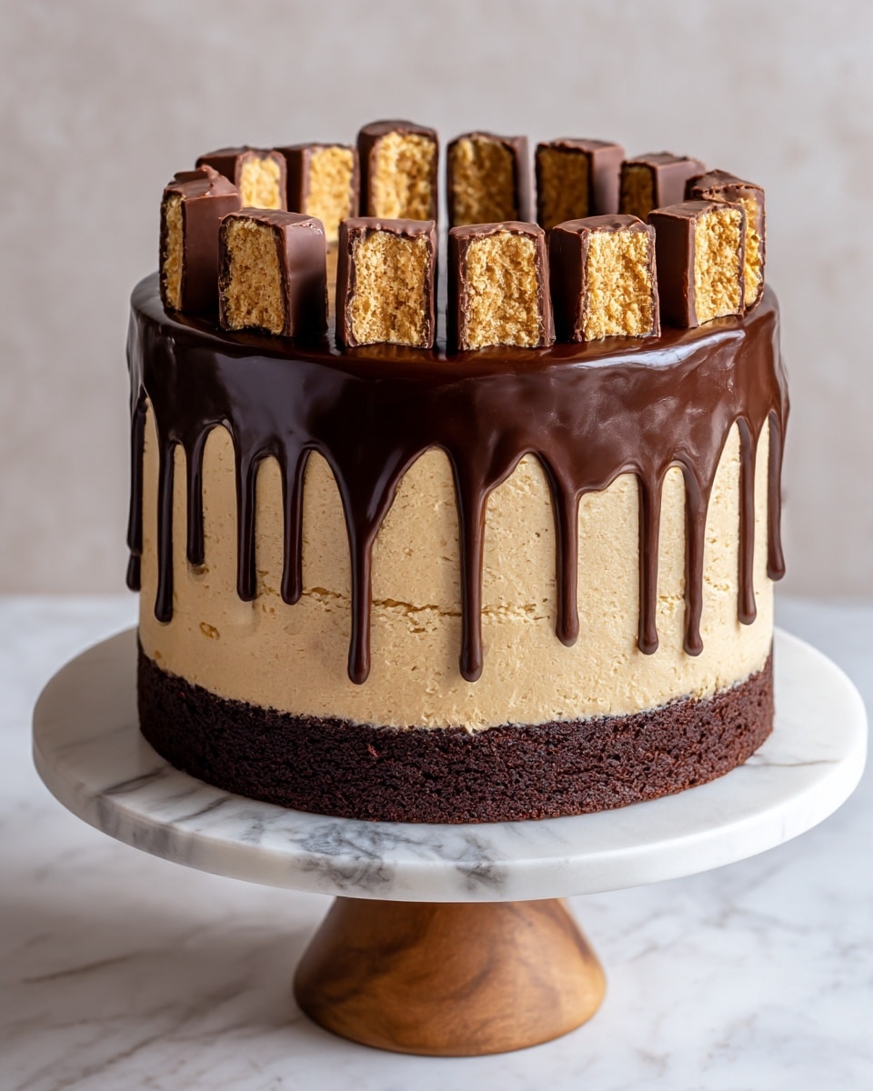 The cake has three clear layers: the bottom layer is dark brown and looks moist and dense like chocolate cake, the middle layer is light brown and creamy with a smooth texture, and the top layer is shiny dark chocolate ganache that drips down the sides. Around the edge of the ganache layer, there are many pieces of chocolate with a textured, golden filling inside, arranged in a ring. The cake sits on a white marbled surface on a stand with a wooden base. Photo taken with an iphone --ar 4:5 --v 7