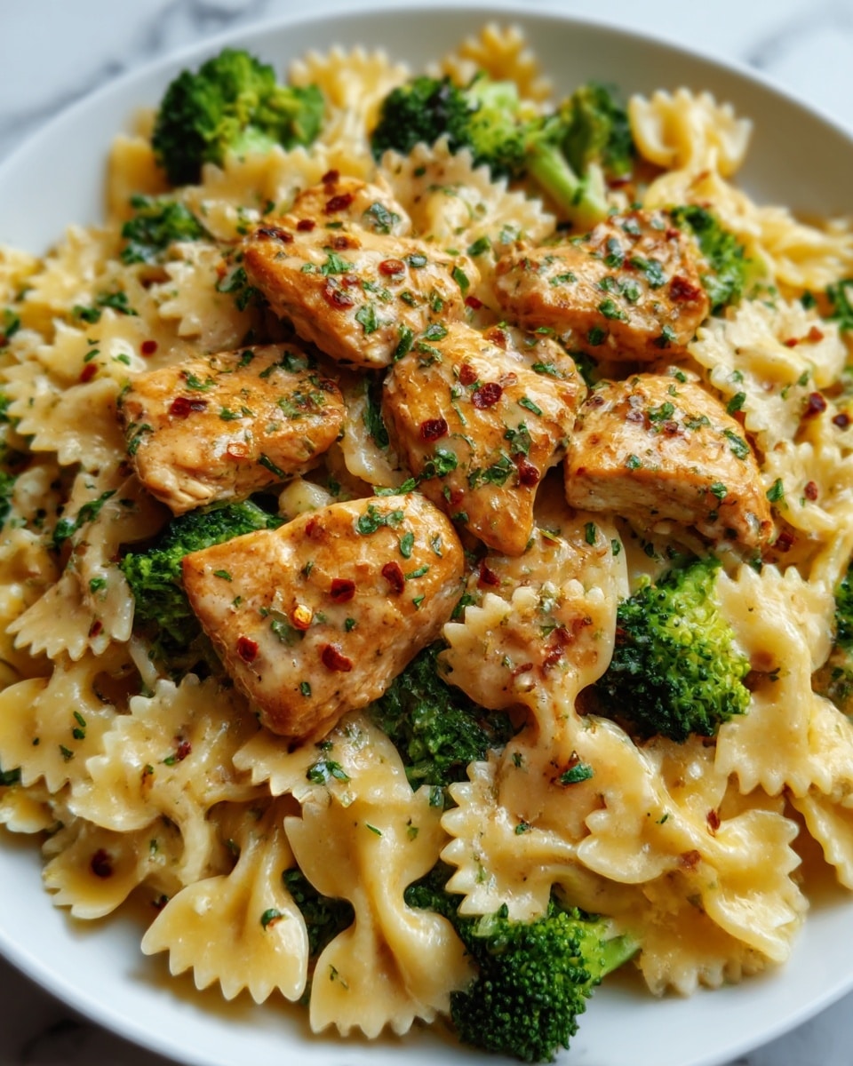 The image shows a plate of bowtie pasta mixed with small pieces of cooked salmon on top, which are light orange with a crispy texture and sprinkled with herbs and red chili flakes. Around the pasta, there are bright green broccoli florets that add a fresh look. The pasta is creamy white and slightly shiny, with the salmon resting mostly in the center. The plate is white, and the background is a white marbled surface. photo taken with an iphone --ar 4:5 --v 7