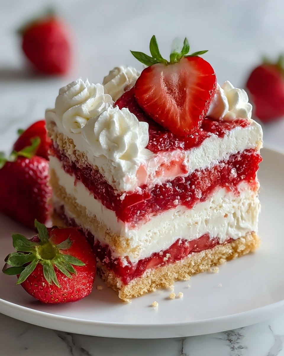 A slice of strawberry shortcake sits on a white plate with a white marbled texture beneath. The dessert has three main layers: the bottom and middle are a soft red sponge cake mixed with strawberry pieces, while the second and top layers are thick white whipped cream. The top is decorated with swirls of whipped cream and several whole and halved fresh strawberries with green leaves. The cake looks moist with some red dripping slightly down the sides. A whole strawberry rests on the plate beside the slice. photo taken with an iphone --ar 4:5 --v 7