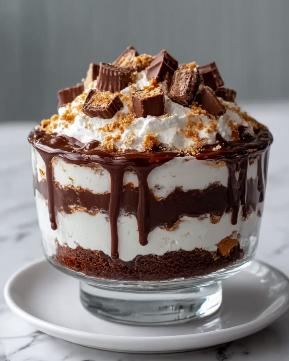 A clear glass bowl shows a layered dessert with three main layers. The bottom layer is dark brown and crumbly, looking like chocolate cake or brownie pieces. The middle layer is white and smooth, like whipped cream or frosting. The top layer has a thick, glossy dark brown chocolate sauce dripping down the sides. On top of that, there is a large part of whipped cream, decorated with small chocolate chunks and pieces of square chocolate cookies. The bowl sits on a white plate, placed on a white marbled surface. Photo taken with an iphone --ar 4:5 --v 7