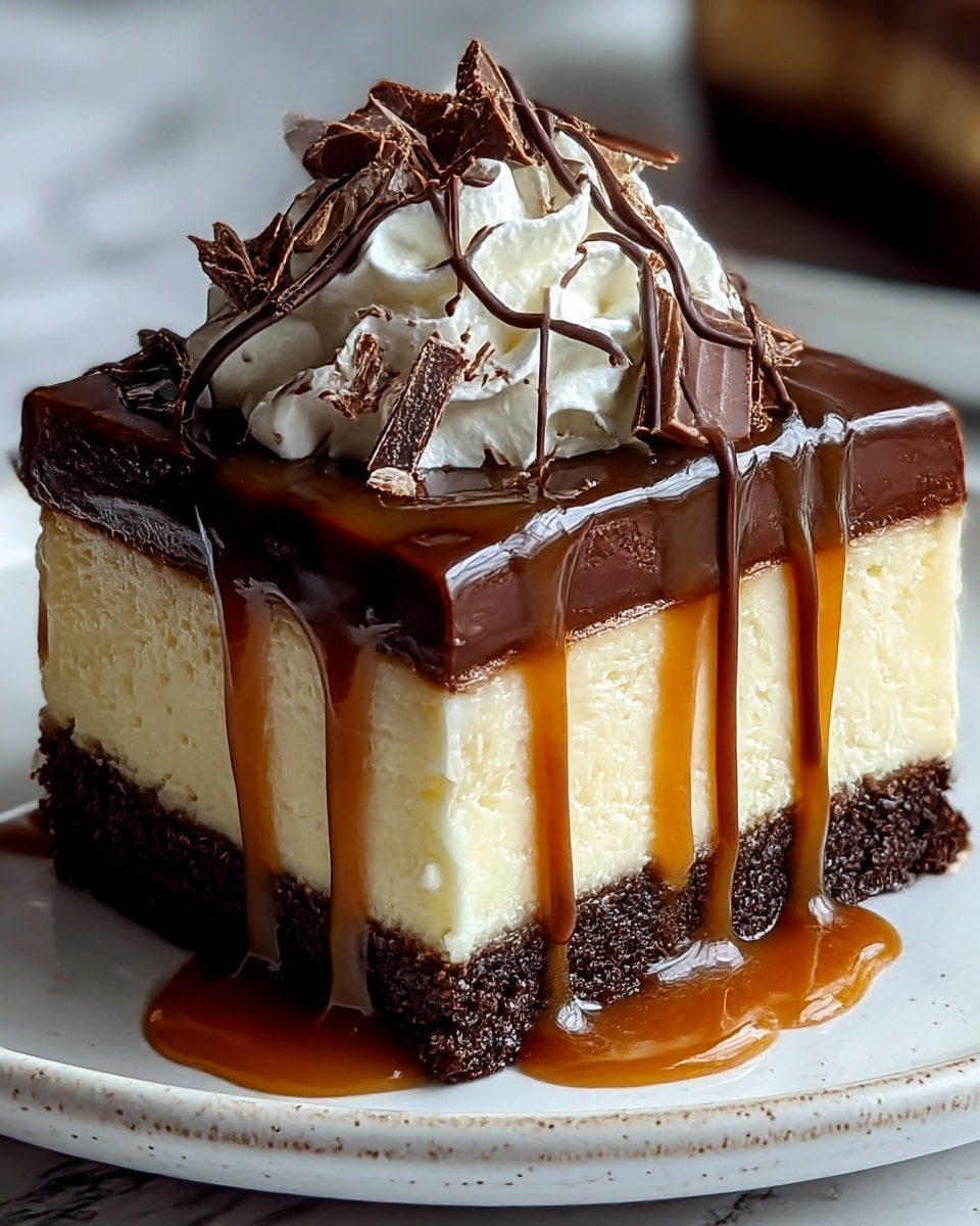 A square dessert slice with four clear layers sits on a white plate over a white marbled surface. The bottom layer is a dark crumbly chocolate crust, above it is a thick, smooth dark chocolate layer, followed by a thick creamy layer in pale yellow. The top layer is a shiny chocolate glaze that drips slightly down the sides. On top of the dessert, there is a swirl of white whipped cream, decorated with scattered dark chocolate chunks and thin chocolate syrup drizzles. A pool of golden caramel sauce surrounds the dessert on the plate. Photo taken with an iphone --ar 4:5 --v 7