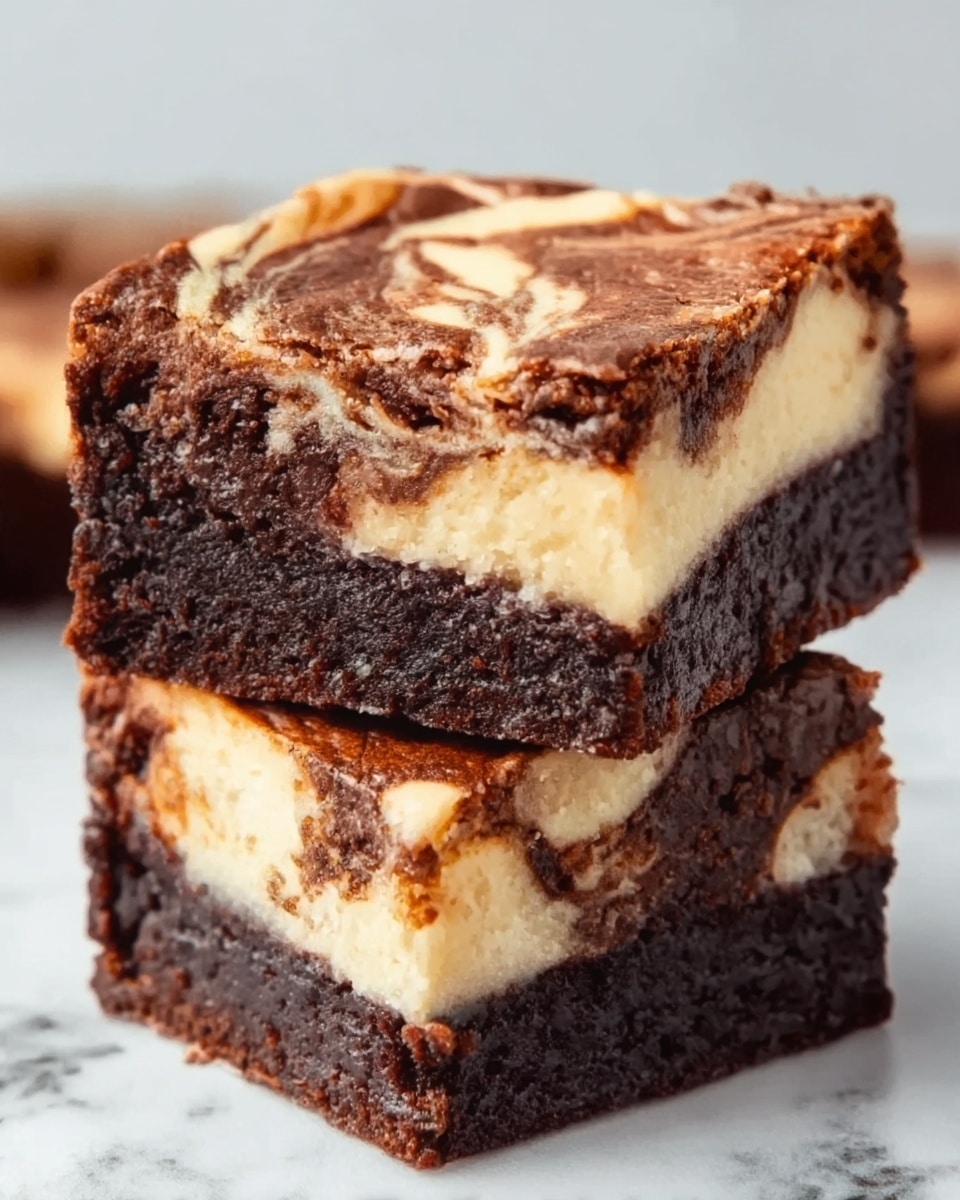 The image shows two pieces of cream cheese brownies stacked on top of each other on a white marbled surface. The brownies have a thick, dark brown chocolate layer on the bottom that looks moist and dense. The middle layer has creamy white swirls that blend into the chocolate, creating a marbled pattern that extends to the top layer. The top layer is a mix of light brown and white swirls with a slightly cracked texture. The edges are sharp and clean, showing the contrast between the chocolate and cream cheese layers clearly. photo taken with an iphone --ar 4:5 --v 7