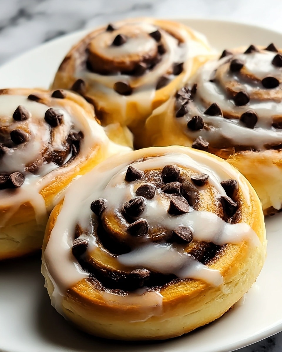 The image shows four cinnamon rolls on a white plate placed on a white marbled surface. Each roll has a golden-brown dough base with multiple visible swirled layers filled with dark brown cinnamon and chocolate chips scattered throughout. The top layer is drizzled generously with white creamy icing that softly drips over the sides. The rolls are close together, with the front one in sharp focus, clearly showing textures of the soft dough, smooth icing, and melted chocolate chips. photo taken with an iphone --ar 4:5 --v 7