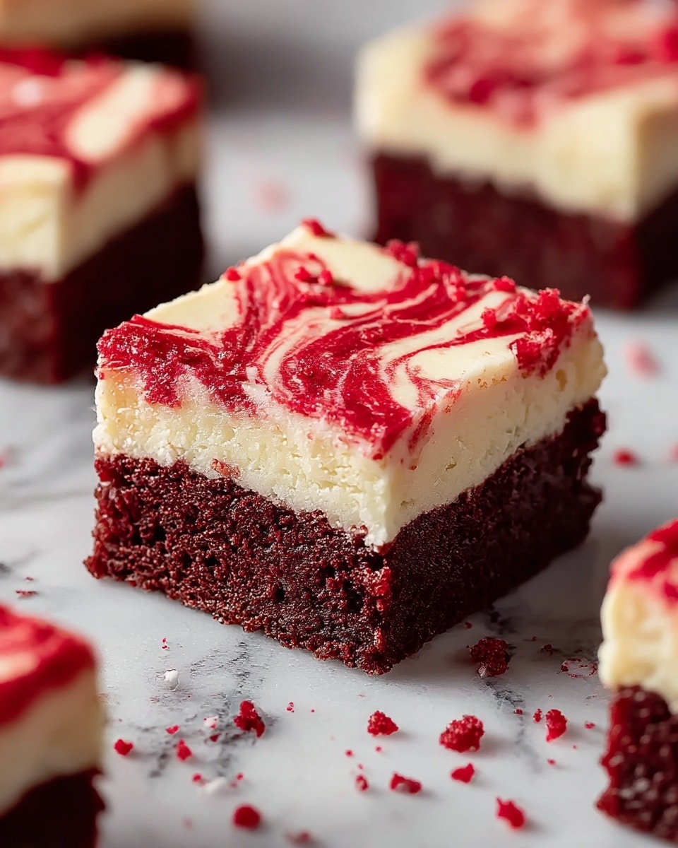 A square piece of cake with three visible layers sits on a crumpled piece of white parchment paper over a white marbled surface. The bottom layer is thick and dark red-brown, dense and moist in texture. The middle layer is creamy white with a smooth and slightly fluffy texture. The top layer is a thin red swirl mixed with the creamy layer, creating a marbled effect with bright red and white colors. There are some small red crumbs scattered around the cake on the surface. Blurred similar cake pieces are visible in the background with warm lights creating a cozy setting. photo taken with an iphone --ar 4:5 --v 7