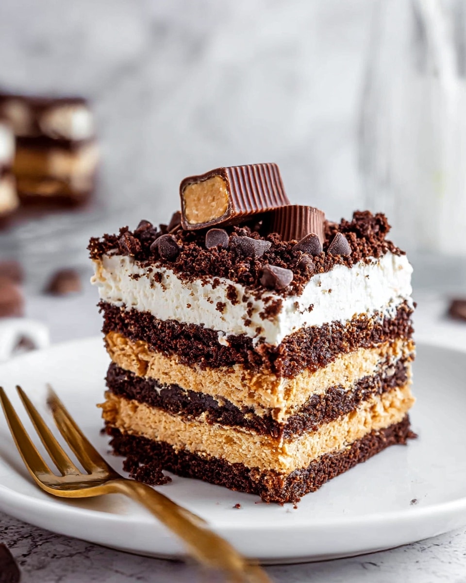 A tall, square layered chocolate and peanut butter dessert sits on a white plate with a gold fork in front. The bottom layer is dark chocolate cake with crunchy bits, topped by a creamy peanut butter layer mixed with some chocolate chips. Above that is another dark chocolate cake layer, then a thick, white creamy layer. The top is covered in dark chocolate crumbs and small chocolate chips, with half a peanut butter cup placed on top, showing its smooth chocolate outer layer and peanut filling inside. The background is a soft white marbled texture with blurred stacked treats and a glass bottle of milk. Photo taken with an iphone --ar 4:5 --v 7