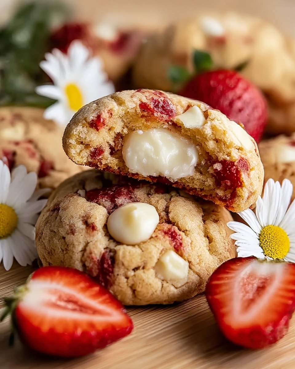 A close-up of soft cookies with red strawberry chunks and white chocolate pieces, stacked on a wooden board with one cookie broken open on top showing a creamy white melted center. Around the cookies are fresh whole and half strawberries with green leaves, plus small white daisy flowers with yellow centers, all set on a white marbled texture background. photo taken with an iphone --ar 4:5 --v 7