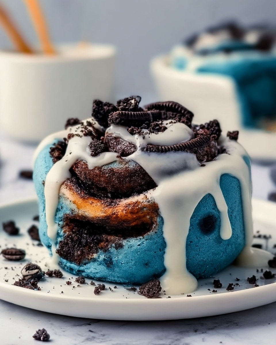 A close-up of a cinnamon roll with bright blue dough rolled in a spiral, topped with creamy white icing dripping down the sides, and sprinkled with crushed dark chocolate cookies on top. The cinnamon roll sits on a white plate placed on a white marbled surface, with some cookie crumbs scattered around. The background shows parts of other similar cinnamon rolls slightly out of focus. Photo taken with an iphone --ar 4:5 --v 7
