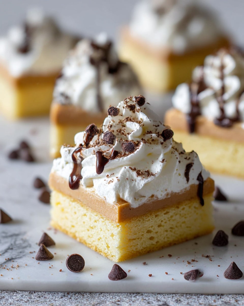 The image shows a close-up of a square dessert bar with three visible layers: a thick, soft yellow cake base, a middle layer of light brown smooth filling, and a top layer of white whipped cream. On top, there is an extra swirl of whipped cream sprinkled with dark brown chocolate crumbs and small chocolate chips. Some chocolate drizzle runs along the top edge, adding a glossy dark contrast. The dessert bars are placed on a white marbled surface with scattered chocolate chips around them. The focus is sharp on the front bar, with the background bars softly blurred. photo taken with an iphone --ar 4:5 --v 7