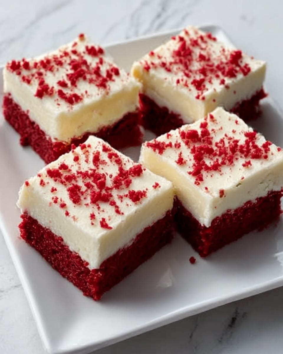 Four square pieces of red velvet cake with thick, creamy white frosting on top are neatly placed on a white rectangular plate. The cake base is deep red with a soft, moist texture. The frosting layer is smooth and slightly thick, covering the top evenly. Red cake crumbs are sprinkled on top of the frosting and around the plate, adding texture and color contrast. The background has a white marbled texture. Photo taken with an iphone --ar 4:5 --v 7