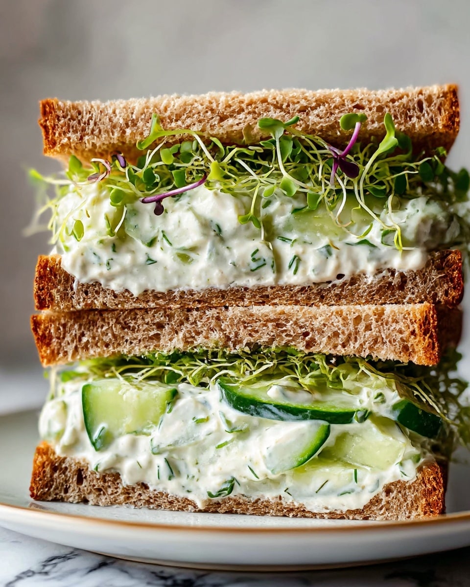 The image shows a close-up of a sandwich made with two slices of brown whole grain bread. Inside, there are two thick layers of creamy cucumber salad with large green cucumber pieces mixed in white dressing with small herbs. Between the cucumber layers and on top, there is a layer of fresh green sprouts with light purple stems that add texture and color contrast. The sandwich is stacked neatly on a white plate with a soft white marbled surface in the background. photo taken with an iphone --ar 4:5 --v 7