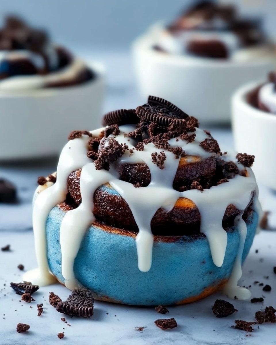 The image shows a close-up of a cinnamon roll with bright blue dough forming three thick, soft spirals stacked in a round shape on a white marbled surface. The roll is covered with smooth, white icing that drips down the sides and small crumbled pieces of dark chocolate cookies sprinkled on top and around it. In the background, there are more blue cinnamon rolls slightly out of focus in white bowls. A woman's hand holding a wooden stick is partially visible near the top left corner. photo taken with an iphone --ar 4:5 --v 7