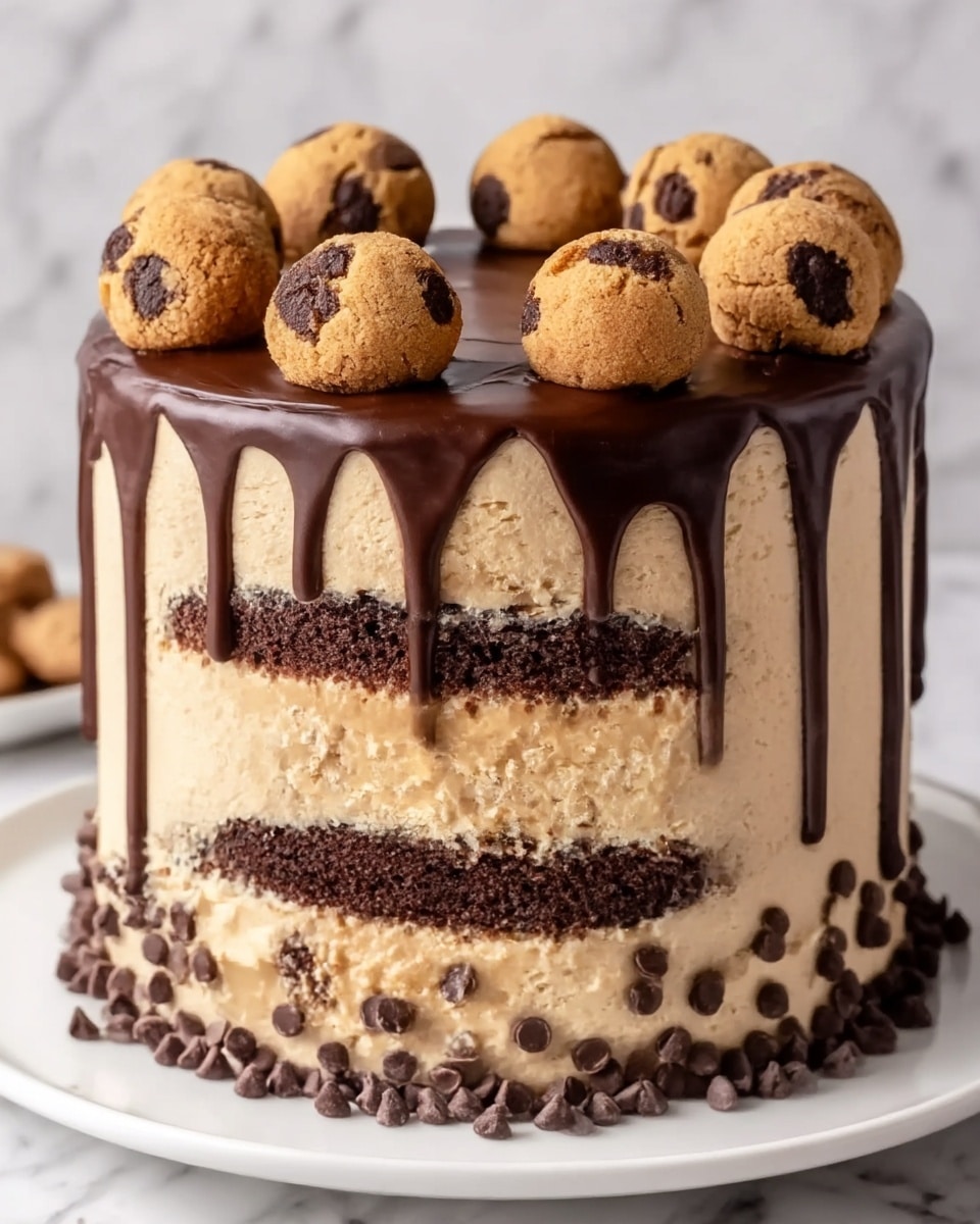 The image shows a three-layer chocolate cake with thick, creamy peanut butter and chocolate chip filling between each layer. The outside is covered in smooth peanut butter frosting, decorated with small chocolate chips pressed into the bottom and sides. A glossy dark chocolate ganache drips down from the top edge, adding a shiny contrast to the light frosting. On top of the cake, there are eight whole peanut butter cookies with chocolate chips, evenly spaced near the edge. The cake sits on a simple white plate against a white marbled surface. Photo taken with an iphone --ar 4:5 --v 7