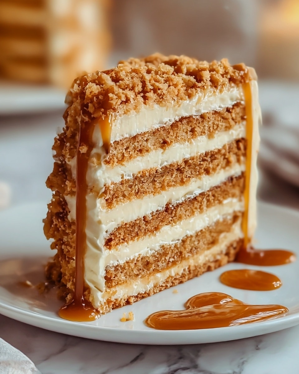 The image shows a slice of layered cake with five visible levels of golden brown crumbly cake separated by four creamy, light beige frosting layers. The top of the cake is covered with small crumbs matching the cake layer color. On the right side, thick caramel sauce drips down the frosting and cake, pooling onto the white plate below. The plate sits on a white marbled surface. The background is softly blurred in warm tones. photo taken with an iphone --ar 4:5 --v 7