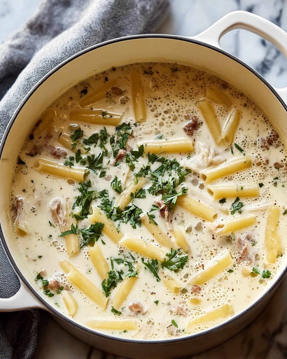 A thick creamy soup is shown inside a white pot with two handles, placed on a white marbled surface. The soup has two main visible layers: a smooth, creamy off-white base and scattered chunky pieces of light yellow cooked pasta and tender brown shredded meat. Green herb flakes are spread evenly on top, adding small bursts of color. The surface of the soup has tiny bubbles and light oil spots, creating a slightly shiny texture. photo taken with an iphone --ar 4:5 --v 7