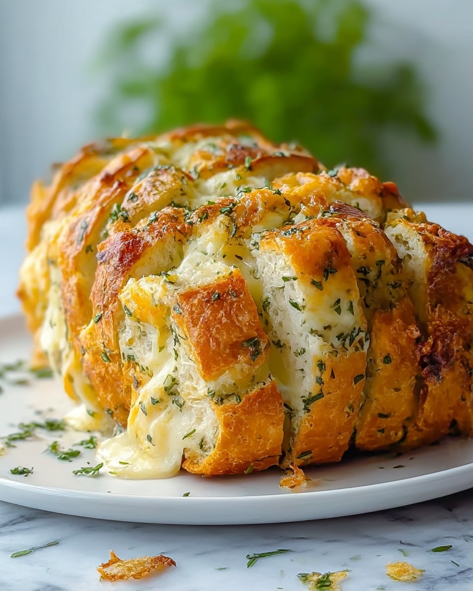 A close-up view of a sliced garlic herb bread on a white plate, showing a total of six thick slices. The bread has a golden brown crust with a rough, crispy texture layered with melted cheese and chopped green herbs visibly spread across the top and between the slices. Inside, the bread looks soft and fluffy with a light cream color, with herbs and melted cheese pieces embedded throughout each slice. There are small bits of herbs scattered on the plate around the bread. The background features a blurred green plant and a window, all set on a white marbled surface. Photo taken with an iphone --ar 4:5 --v 7