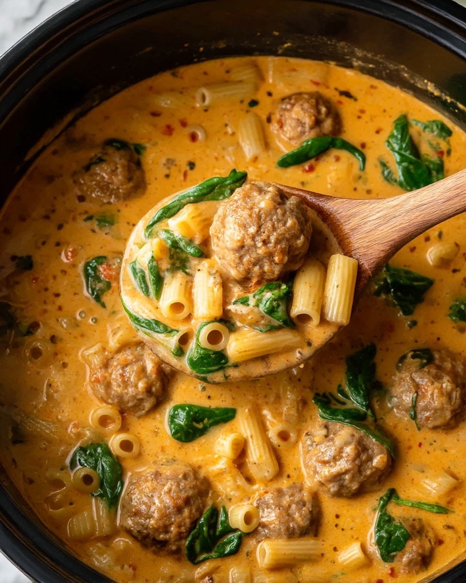 This image shows a top view of a crockpot filled with a creamy orange soup containing meatballs, small tube pasta, and fresh spinach leaves. The soup has a thick texture with visible herbs and small bits of red, likely tomatoes, scattered throughout. A wooden spoon is scooping up a portion, highlighting meatballs that are light brown and round, surrounded by yellow pasta pieces and vibrant green spinach. The crockpot itself is black, and it sits on a white marbled surface. The scene is warm and inviting, suggesting a hearty homemade meal. photo taken with an iphone --ar 4:5 --v 7