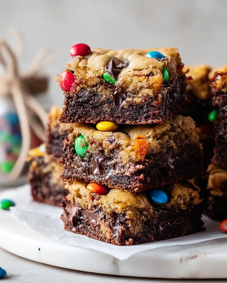 A stack of square dessert bars featuring two distinct layers sits on white parchment paper over a round white marbled board. The bottom layer is a thick, rich, dark chocolate brownie with a slightly glossy, fudgy texture and visible chunks of melted chocolate. The top layer is a golden-brown cookie dough studded with colorful candy-coated chocolate pieces in red, green, yellow, blue, and orange. The cookie layer looks soft but slightly crisp, contrasting the dense brownie below. The bars are cut clearly showing the two layers, with some candies on top adding bright spots of color. The background is a soft, white marbled texture with an out-of-focus rustic item tied with twine. photo taken with an iphone --ar 4:5 --v 7