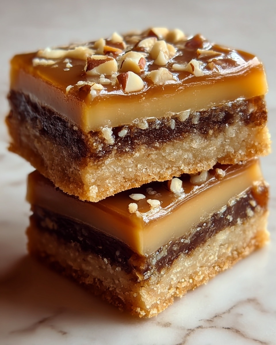 This image shows two stacked square bars with four layers. The bottom layer is a crumbly light brown crust. On top of that is a dark brown packed filling with a rough texture. Above that is a smooth, glossy caramel layer with a light golden color. The top layer is a clear, shiny glaze with scattered small chopped nuts, adding texture and color contrast. The bars rest on a surface with a white marbled texture. Photo taken with an iphone --ar 4:5 --v 7