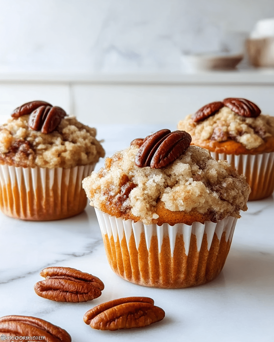 Three pecan muffins sit on a white marbled surface with a white kitchen background. Each muffin has a golden-brown base wrapped in a white paper liner, topped with a crumbly, light golden streusel layer. On top of the streusel are whole pecan halves, dark brown and glossy, placed evenly on each muffin's peak. Scattered around the muffins on the surface are a few loose pecan halves, their textured ridges clearly visible. The setting is bright and clean, highlighting the texture and color of the muffins. Photo taken with an iphone --ar 4:5 --v 7