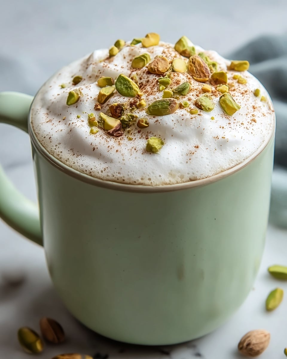 A pale green ceramic mug filled with a frothy white drink topped with a thick layer of fluffy foam, sprinkled with small pieces of green pistachios and a light dusting of brown spice powder. The foam rises above the rim, creating soft peaks. The mug is set on a white marbled surface with a blurred light background. photo taken with an iphone --ar 4:5 --v 7