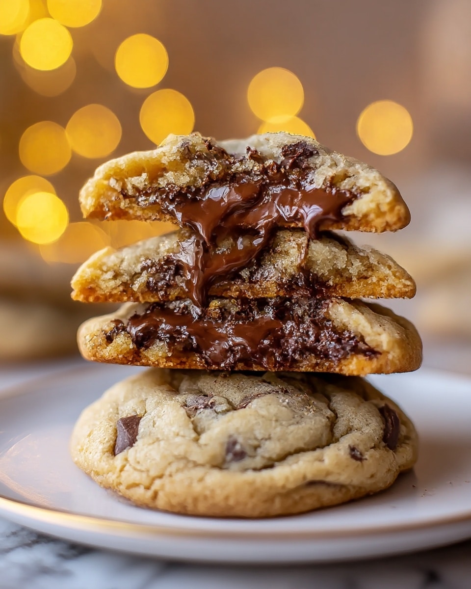 A stack of three chocolate chip cookies sits on a white plate with a subtle gold rim, placed on a white marbled surface. The bottom cookie is whole, showing a light brown, slightly bumpy texture with dark chocolate chips peeking out. The middle and top cookies are each broken in half, revealing a thick, glossy, molten chocolate center with a rich, dark brown color that looks silky and slightly melted. The cookie dough around the chocolate is a warm beige color, soft and chewy in appearance, and slightly crumbly at the edges. In the background, soft, warm yellow bokeh lights create a cozy atmosphere. photo taken with an iphone --ar 4:5 --v 7