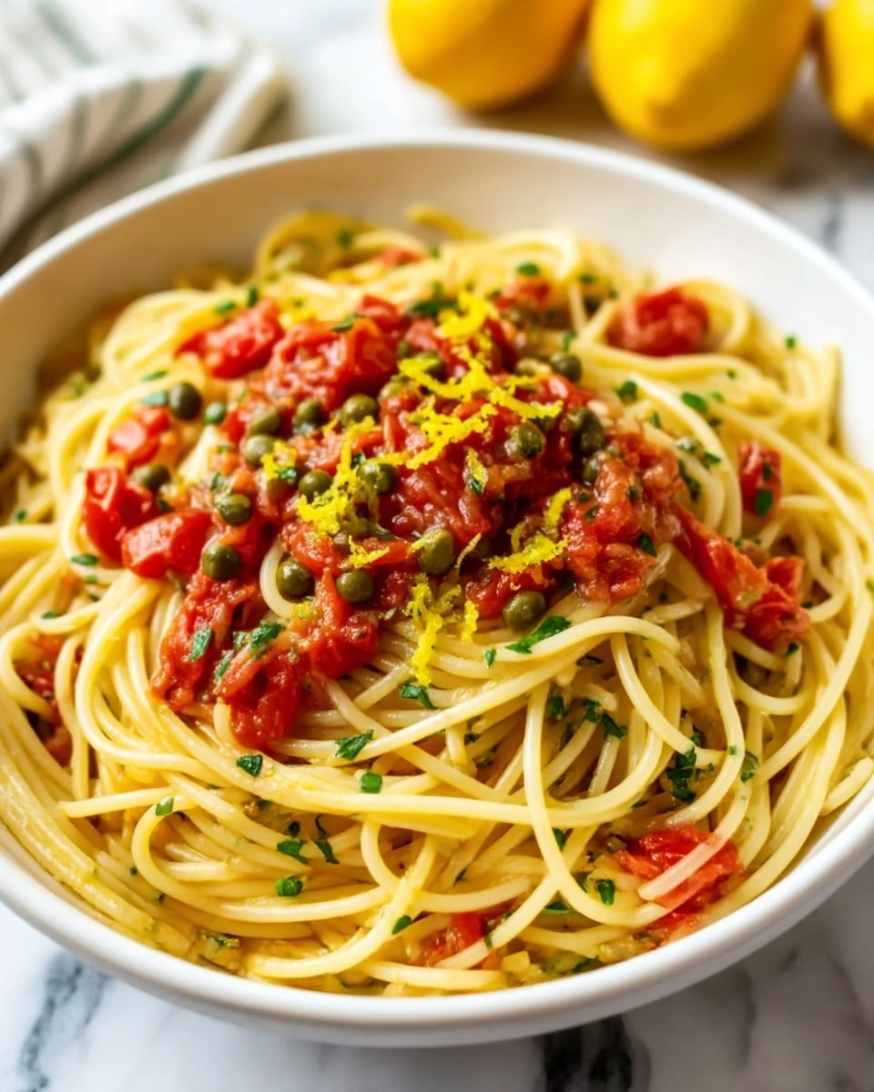 A white bowl filled with spaghetti pasta topped with a mix of bright red chopped tomatoes and small green herbs scattered throughout. The pasta strands are lightly coated in oil or sauce giving them a shiny texture, with a few chopped yellow lemon zest pieces spread on top, adding a pop of color. The bowl is set on a white marbled surface with two whole lemons blurred in the background. Photo taken with an iphone --ar 4:5 --v 7