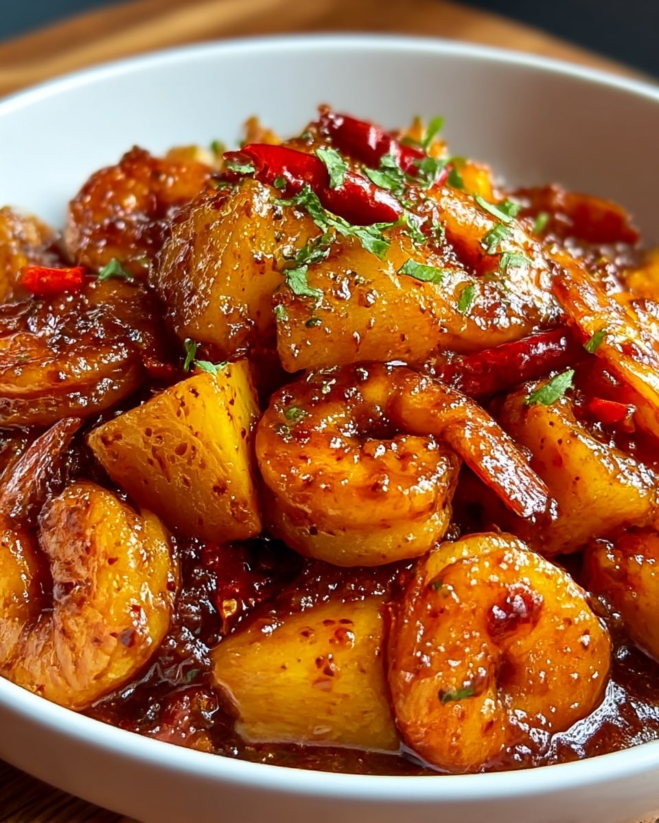 A close-up view of a white bowl filled with a glossy shrimp stir-fry, showing at least two main layers: large golden-yellow pineapple chunks and bright orange shrimp coated in a thick, dark reddish-brown sauce with visible specks of spices. Mixed in are pieces of red chili peppers and small bits of green herbs scattered on top, adding texture and color contrast. The dish sits on a wooden surface with a slightly blurred background, and the sauce sheen highlights the juiciness of the shrimp and fruit. photo taken with an iphone --ar 4:5 --v 7