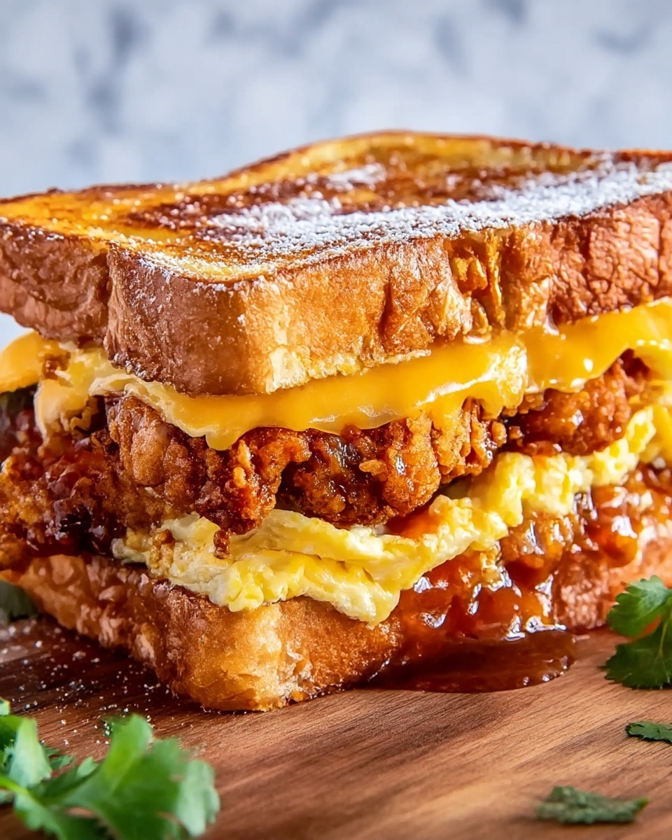 A close-up of a sandwich with three main layers held between two thick toasted slices of golden brown bread dusted lightly with powdered sugar. The bottom layer is crispy fried chicken coated in a rich reddish-brown sauce, giving it a shiny and crunchy texture. Above the chicken is a layer of melted bright yellow cheddar cheese partially covering a fluffy, folded scrambled egg with a soft, slightly pale yellow color. The sandwich sits on a wooden surface with a few green cilantro leaves blurred in the background, all set against a white marbled texture backdrop. Photo taken with an iphone --ar 4:5 --v 7