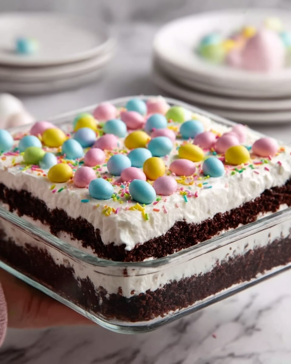 The image shows a clear glass square dish with three visible layers. The bottom layer is dark brown, looking like moist chocolate cake. On top of that is a thick white layer resembling creamy frosting or whipped cream, followed by another dark brown cake layer in the middle. The top layer is a thick white frosting covered with colorful round candies in pastel blue, pink, yellow, and green, along with small rainbow sprinkles spread evenly. The background is a white marbled texture with some white plates and a woman's hand holding the dish from the side. Photo taken with an iphone --ar 4:5 --v 7