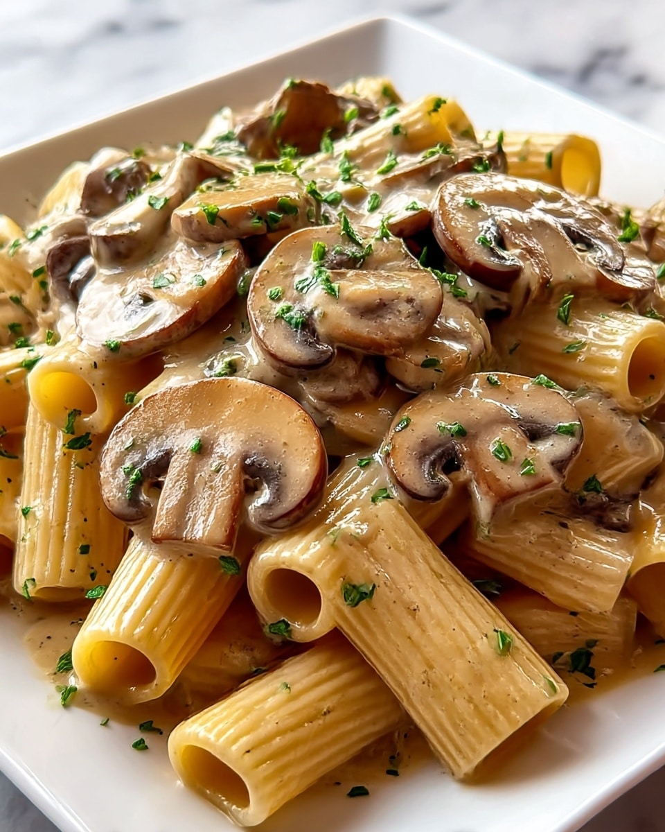 A close-up view of rigatoni pasta with creamy mushroom sauce served on a white square plate resting on a white marbled surface. The dish shows about two layers: the bottom layer is rigatoni pasta in a light beige color, with ridged texture visible on each tube. The top layer features sautéed mushroom slices in light to dark brown shades with a glossy creamy sauce coating both pasta and mushrooms. Small flecks of chopped green herbs are scattered evenly on top, adding a fresh contrast. The sauce looks smooth and thick, lightly pooling around the pasta. Photo taken with an iphone --ar 4:5 --v 7