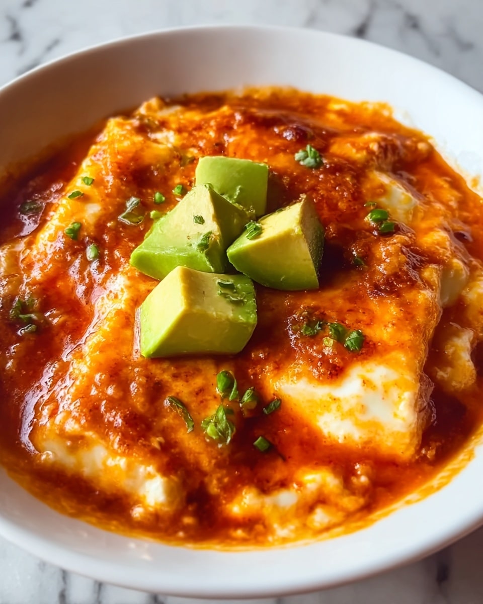 The dish is served in a white bowl filled with a rich, orange-red sauce that covers a layer of soft white cheese, creating a glistening, slightly chunky texture throughout. On top, there are three small cubes of bright green avocado placed near the center, with tiny green herb pieces scattered around, adding contrast and freshness. The sauce appears thick and hearty with visible oil spots and a slightly charred, caramelized look in some areas. The background features a white marbled surface. photo taken with an iphone --ar 4:5 --v 7