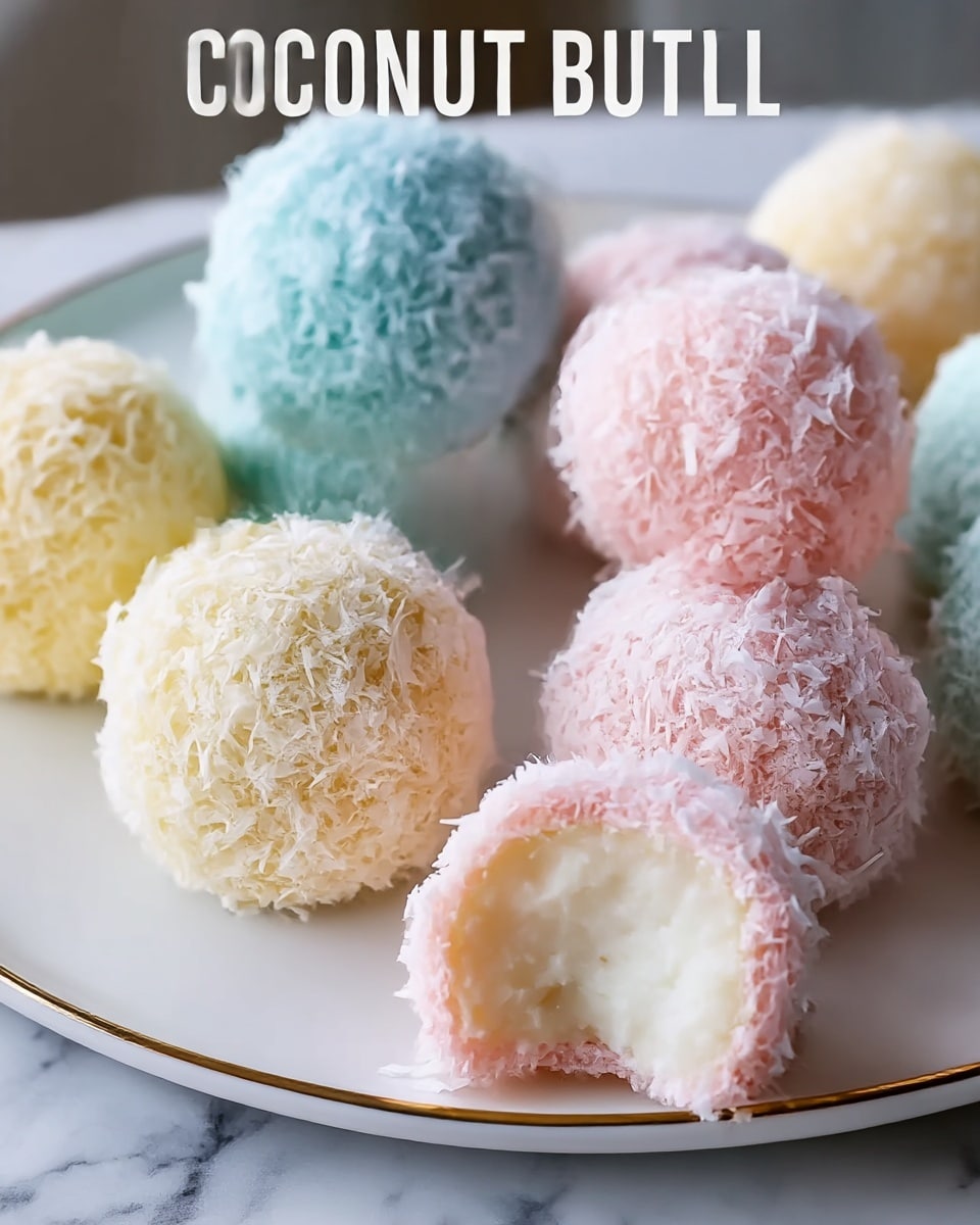 A close-up of small round coconut balls in pastel colors arranged on a white plate with a thin gold rim, set on a white marbled surface. Each ball has one main layer covered in shredded coconut, showing soft and fluffy texture. The visible colors include light blue, soft pink, pale yellow, and a mix of white and pink. One coconut ball is cut open, revealing a creamy white interior. The balls all look soft, moist, and coated evenly with coconut flakes. photo taken with an iphone --ar 4:5 --v 7