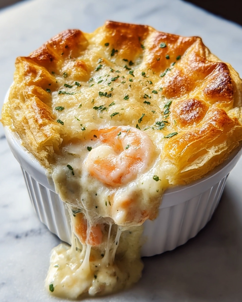 A white ramekin filled with a creamy seafood pot pie that has a golden, puffed pastry crust on top. The crust is browned with crispy edges and small bubbles, sprinkled lightly with green herbs. The creamy filling beneath is thick and speckled with orange shrimp pieces, oozing out slightly where the crust is broken, showing melted cheese strings stretching from the inside. The ramekin sits on a white marbled surface with soft natural light making the textures and colors stand out vividly. Photo taken with an iphone --ar 4:5 --v 7