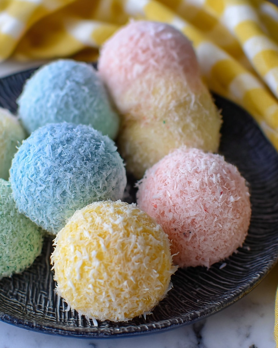 A white plate with a gold rim holds several round coconut treats called Easter Bunny Coconut Tail. Each treat is covered with shredded white coconut and brightly colored in pastel shades of blue, pink, yellow, green, and peach. The blue one in front is bitten open, showing a creamy, light yellow inside with a smooth and soft texture. The background is a white marbled surface, enhancing the soft and colorful look of these small, sweet balls. photo taken with an iphone --ar 4:5 --v 7