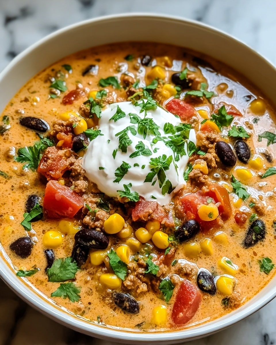 A close-up image of a bowl filled with thick chili soup, showing a first layer of light brown broth mixed with ground meat. On top of the broth, there are visible bright yellow corn kernels, dark black beans, and chunks of red tomatoes scattered evenly throughout. Above these, a dollop of white sour cream sits in the middle, garnished with fresh green chopped cilantro leaves that spread toward the edges. The bowl is white and rests on a white marbled surface. Photo taken with an iphone --ar 4:5 --v 7