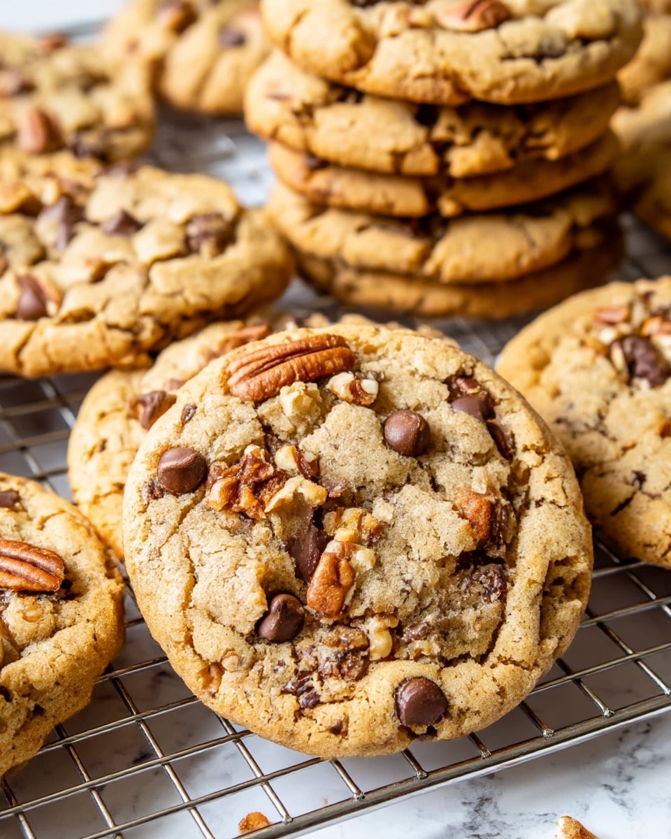 The image shows multiple cookies with a thick and soft texture, golden brown in color, and scattered chocolate chips and pecan nut pieces embedded on top. The cookies are placed on a metal cooling rack with a grid pattern, and more cookies are stacked in the background, showing a rough, crumbly edge. The surface below the rack has a white marbled texture. The close-up focus highlights the uneven surfaces of the chocolate, nuts, and cookie dough. photo taken with an iphone --ar 4:5 --v 7