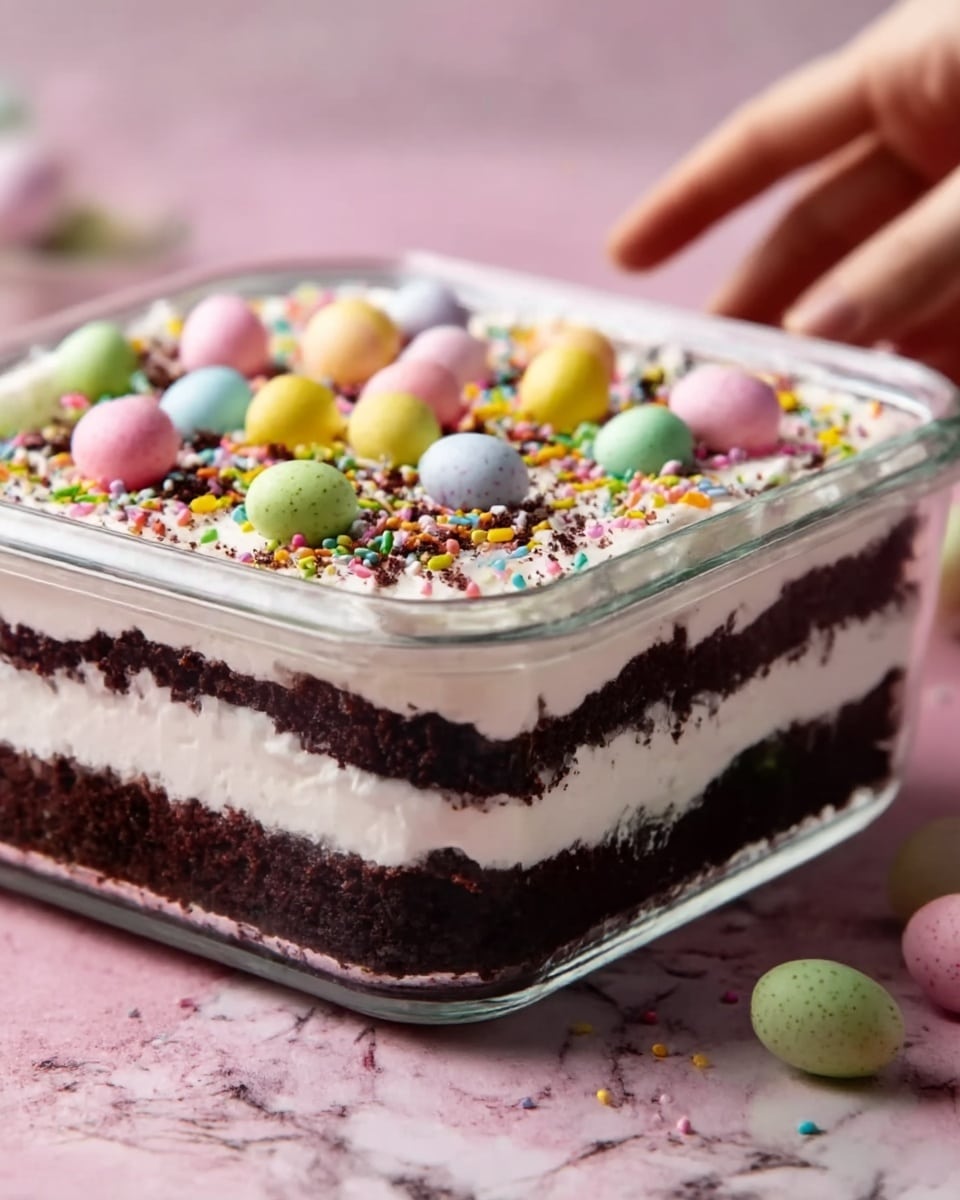 A clear glass square dish holds a layered dessert with three visible layers: the bottom layer is dark chocolate cake, above it is a thick white creamy layer, followed by another dark chocolate cake layer, and topped with a final white creamy layer. The top layer is decorated with colorful pastel candy eggs and tiny round rainbow sprinkles, giving a festive look. The dish sits on a pink surface with a white marbled texture in the background, and a woman's hand is reaching toward the dish. Photo taken with an iphone --ar 4:5 --v 7