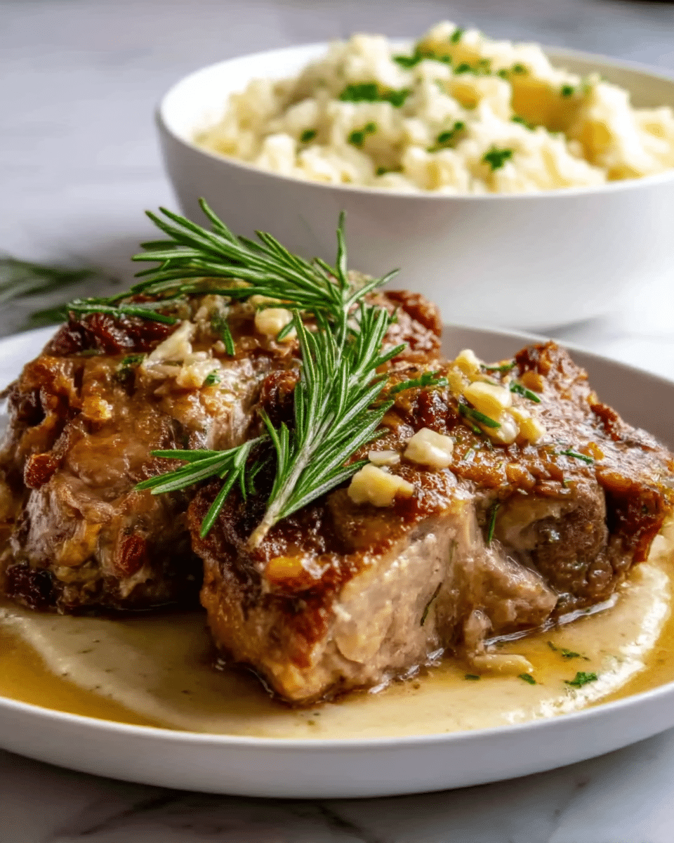 The image shows a close-up of a white plate with two large pieces of roasted meat, golden brown and crispy on the edges, topped with fresh green rosemary sprigs and small bits of minced garlic. Underneath the meat, there is a smooth, light-colored creamy sauce that slightly pools around the edges. In the background, there is a white bowl filled with fluffy mashed potatoes, garnished with small green herbs. The entire setup is on a white marbled surface. The photo taken with an iphone --ar 4:5 --v 7