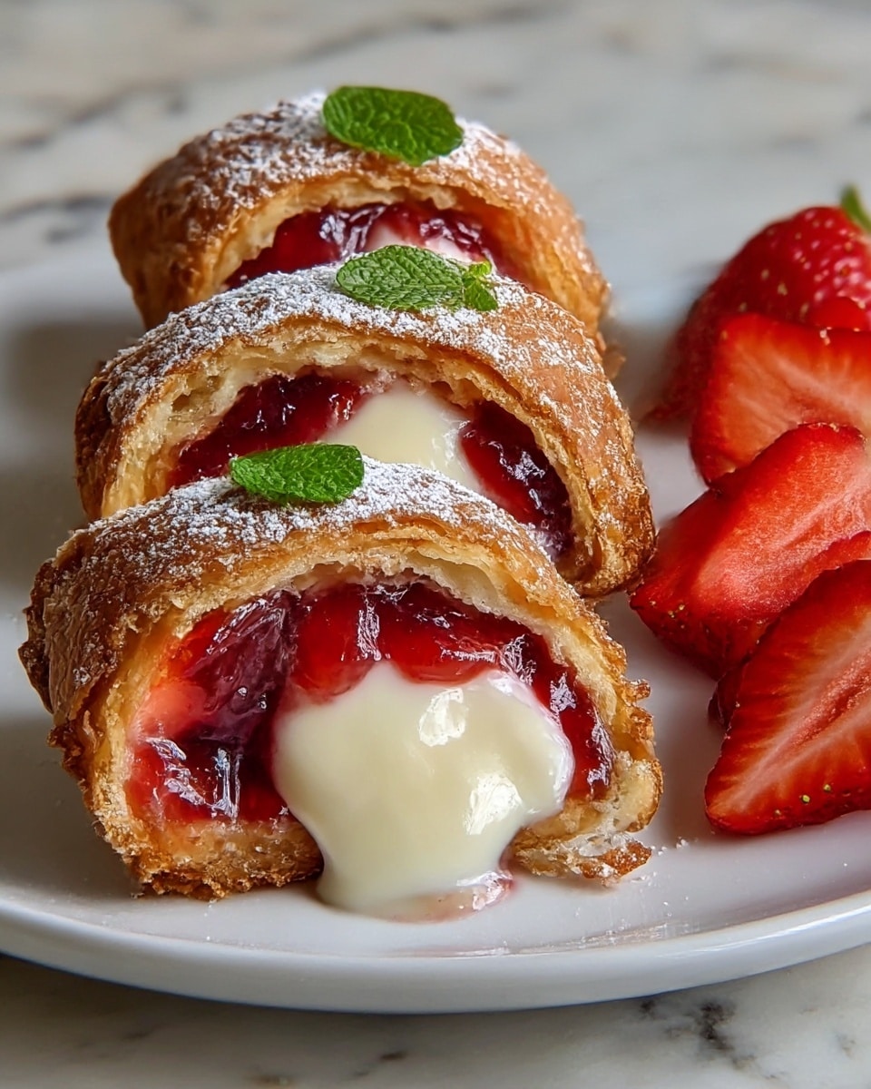 Three pastries are shown on a white plate with a white marbled texture beneath it. Each pastry has a crispy, golden brown crust dusted with powdered sugar and a small green mint leaf on one of them. Inside, there are two main layers: the outer layer is a shiny, deep red strawberry jam with visible fruit chunks, and the inner layer is a smooth, creamy white filling that oozes out. On the plate to the right are fresh sliced strawberries adding bright red color to the scene. photo taken with an iphone --ar 4:5 --v 7