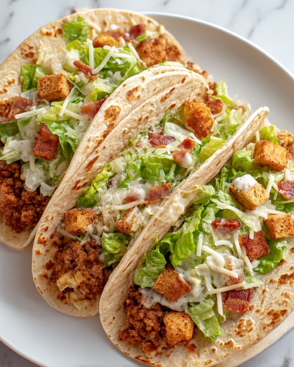 Three soft tortillas are arranged closely on a white plate over a white marbled surface, each filled with visible layers. The bottom layer is a browned, textured cooked ground meat spread evenly inside the tortilla. On top of the meat, there is a fresh green lettuce salad mixed with small crunchy golden brown croutons and bits of reddish cooked bacon. The salad is lightly coated with a creamy white dressing, and shredded pale yellow cheese is sprinkled over the top. The soft tortillas have a light brown spotted pattern, adding a warm tone to the dish. photo taken with an iphone --ar 4:5 --v 7